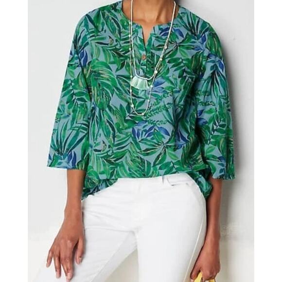J. Jill Tropical Shirred Toile Top Womens Medium Petite Blue Green Oversized - Picture 1 of 11